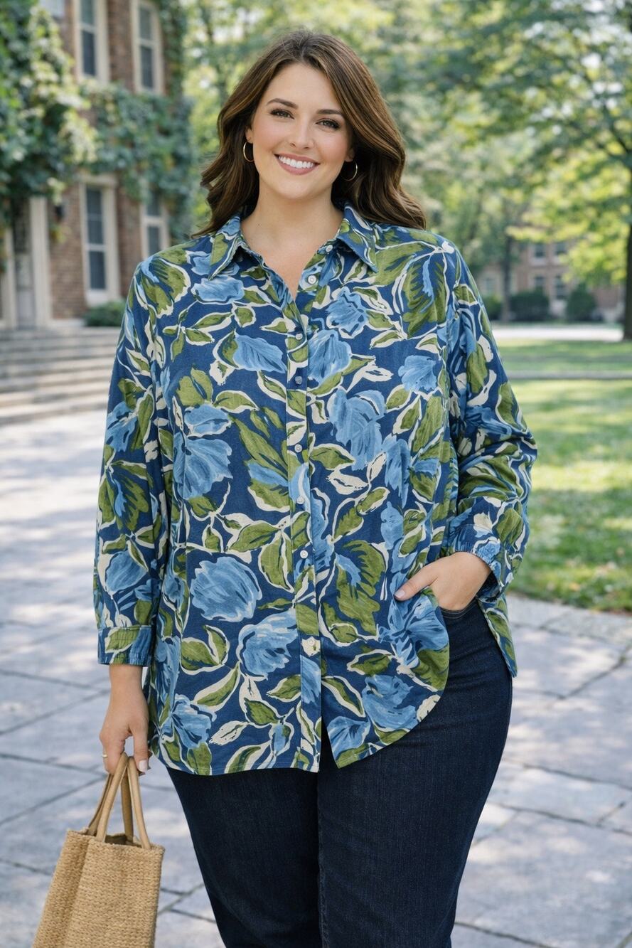 Chaps 3X Blue Green Floral Blouse No Iron Button Shirt Long Sleeve Cotton Top